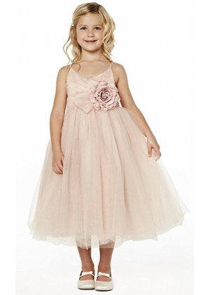 Blush Pink Pleated Tulle Tea Length Timeless Flower Girl Dress